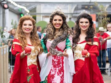 Princesa Gisele Rebelatto da Fonseca, imperatriz Taís Munaretti e princesa Angélica Verruck pousaram com a jiboia de 1,80 metro no sábado e reproduziram imagem do cartaz de divulgação da XI Femaçã.